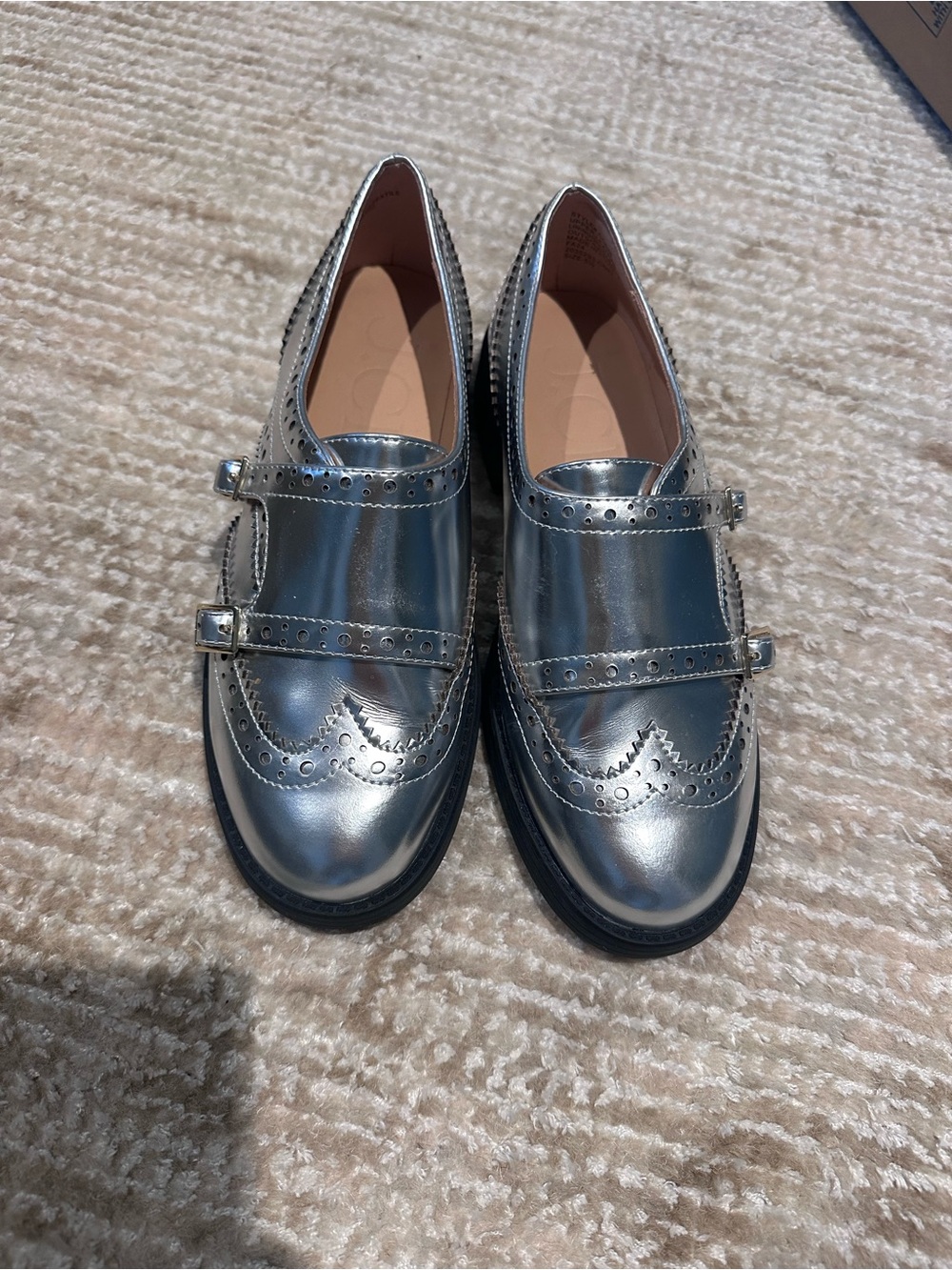 J. Crew worn once, Silver Metallic Double Monk Wingtip Loafers